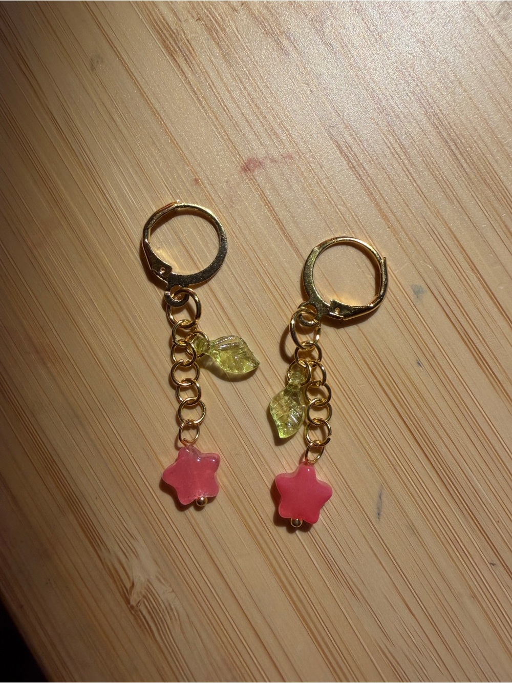 Handmade Gold Hoop Earrings with Pink Star & Lime Leaf Charms